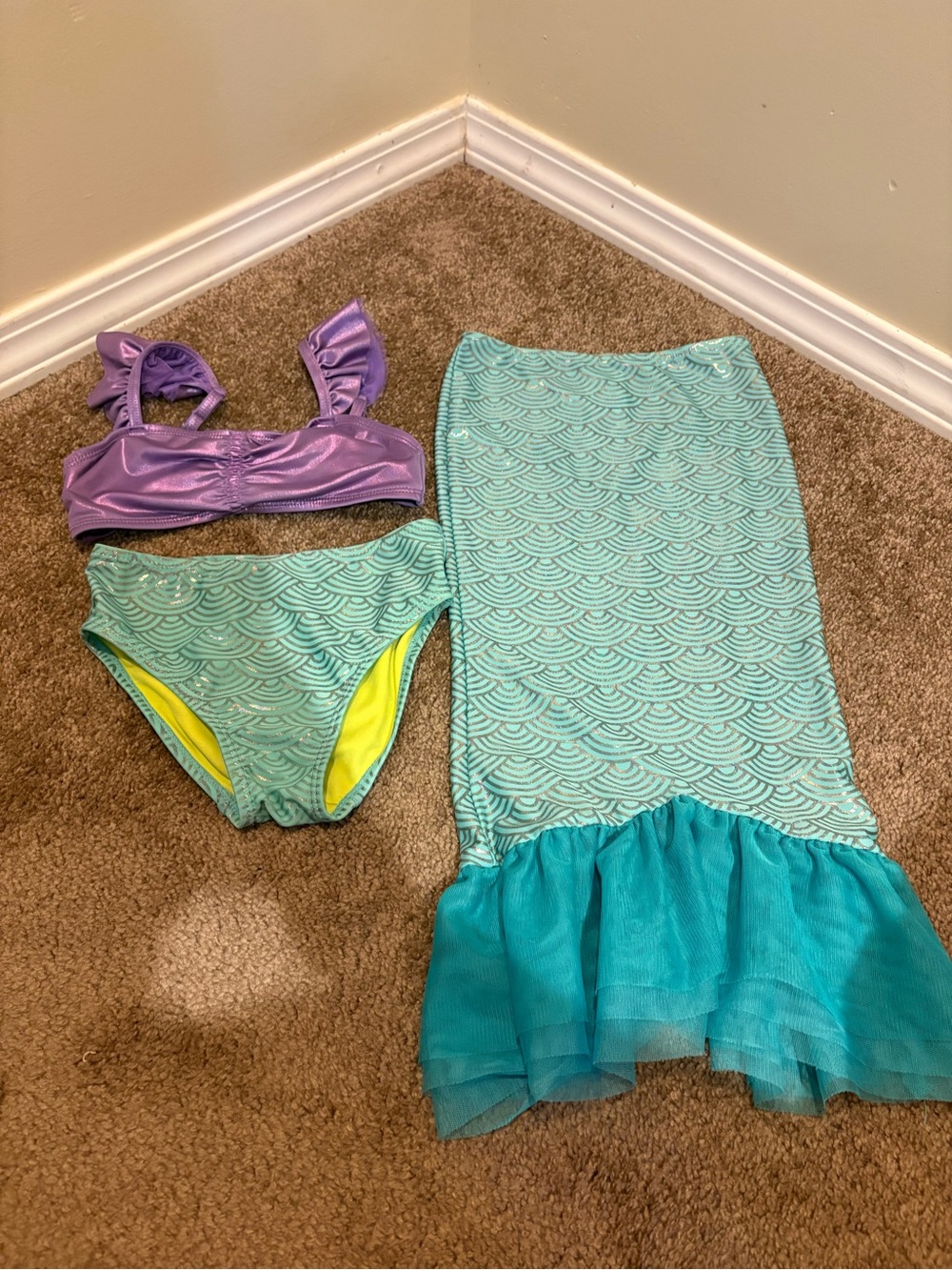 Disney Store The Little Mermaid Princess Aerial 3 Piece Bathing Suit Size 5/6
